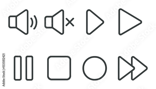 Music control icons set – linear, multimedia, audio player symbols