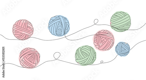 Yarn balls set for hobby or handmade store - one line doodle drawing with watercolor fill, minimalistic vector illustration on white background