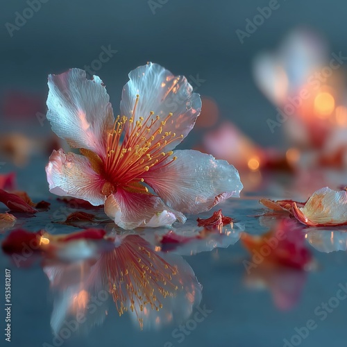 Cherry blossom flower with reflection on water and scattered petals