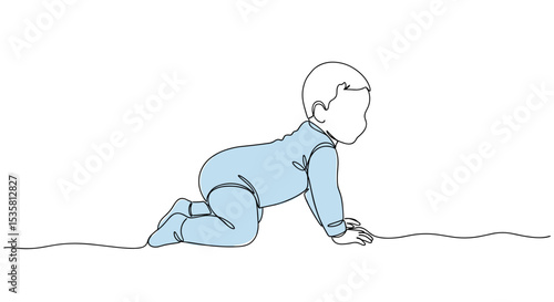 baby crawling in blue clothes - one line doodle drawing with watercolor fill, minimalistic vector illustration on white background