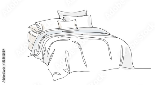 Elegant bed with pillows, blanket and bedding - one line doodle drawing with watercolor fill, minimalistic vector illustration on white background