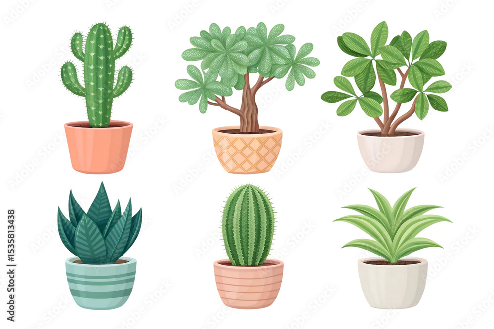 Obraz premium Six potted plants succulents cacti isolated on a transparent background