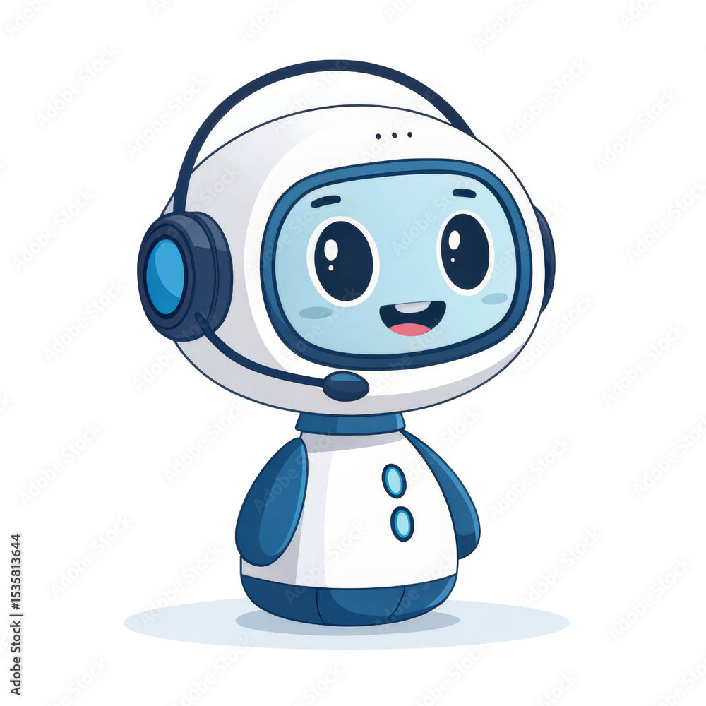 Fototapeta premium Cute Robot Cartoon Character with Headset, Isolated on Transparent Background, AI Chatbot Illustration, Robot, AI, Cartoon