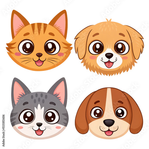 Cute Pet Faces 4 Cartoon Animals, Isolated on Transparent Background, Pet, Cartoon, Animals