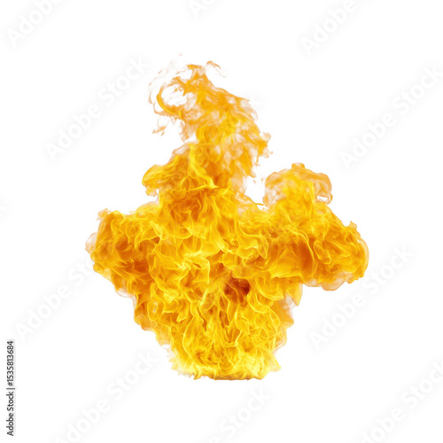 Fiery, abstract shape resembling human figure emerges from vibrant yellow and orange flames, set against stark transparency background, creating dramatic and intense visual effect