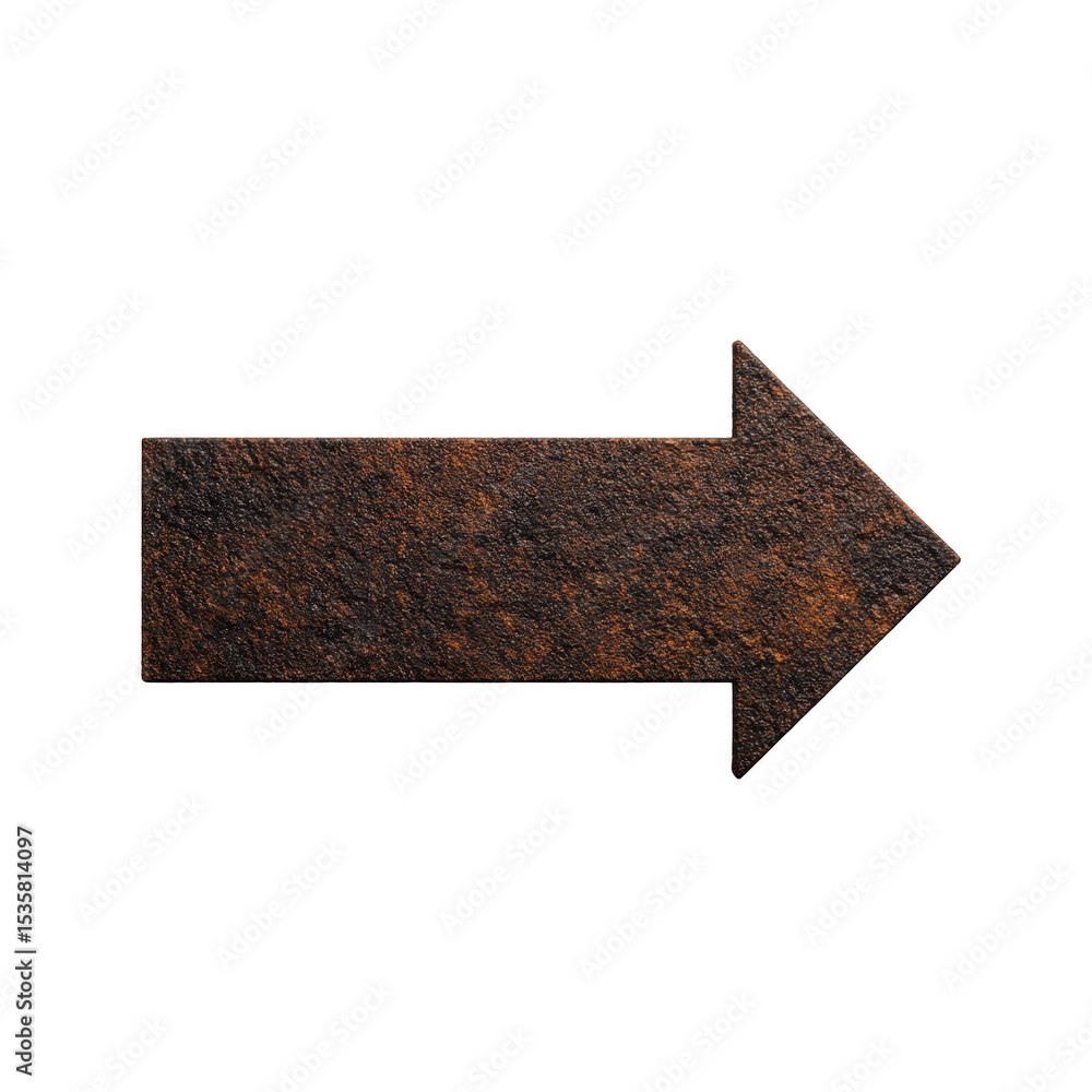Obraz premium Rusted metal arrow sign pointing to right, isolated on transparency background. texture of metal gives it aged and industrial appearance, suitable for vintage or rustic themes