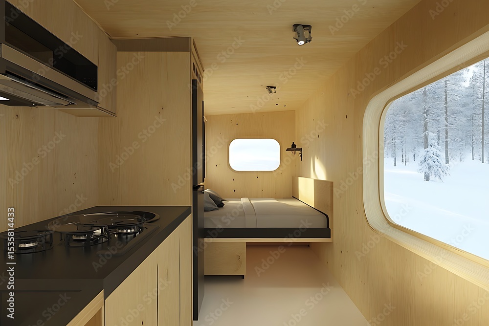 Minimalist Wooden Cabin Interior with Winter Landscape View Minimalist Wooden Cabin Interior with Winter Landscape View
