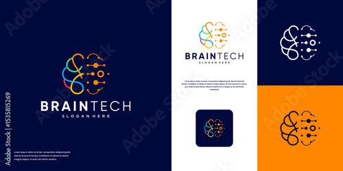 Human brain abstract logo with electric circuit concept, smart technology symbol, design vector template.