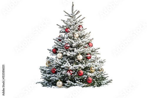Decorated fir tree dusted with snow isolated on white background or png background or transparent background.