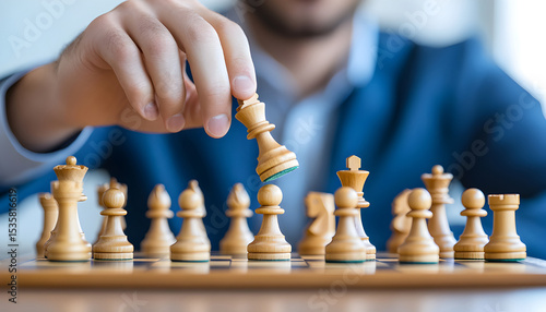 Wallpaper Mural Businessman moving chess piece on chess board top view. Chess game, strategy, success, leadership, victory concept. Strategic planning, intelligence, business, challenge, competition, teamwork Torontodigital.ca