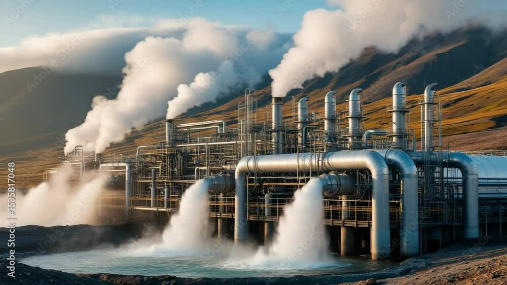 Steam rising from geothermal pipes, showcasing the action of transforming the heat from the earth into energy. A powerful, dynamic industrial scene filled with energy. Steam rising from geothermal pipes, showcasing the action of transforming the heat from the earth into energy. A powerful, dynamic industrial scene filled with energy.