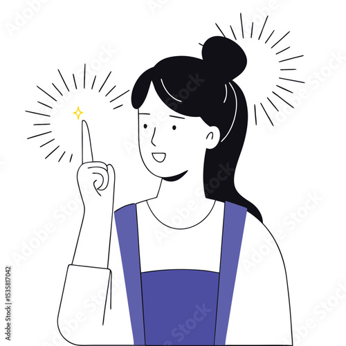Smiling woman with topknot raises her finger, inspired by a bright yellow star