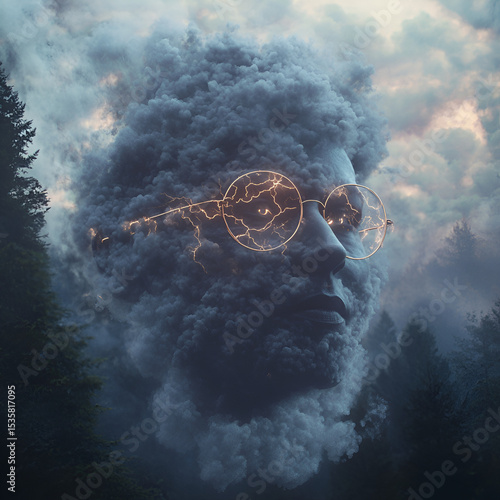 Surreal Cloud Face with Glasses
