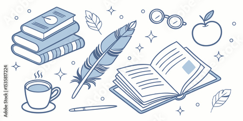 Delicate blue illustration of literary objects and elements perfect for promoting knowledge, learning and creative writing.