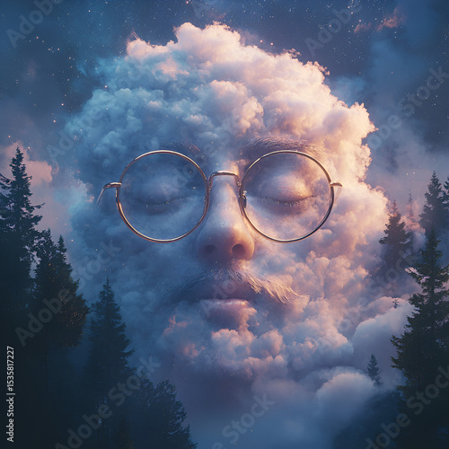 Surreal Cloud Face with Glasses
