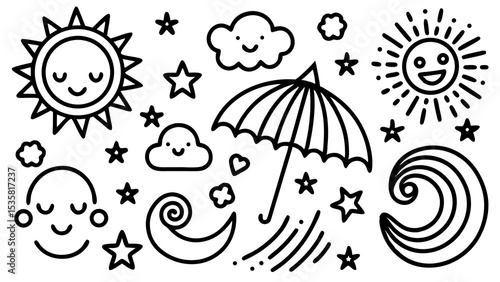 Cute weather and celestial body doodle set of sun clouds stars umbrella and moon elements for designs