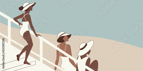 Elegant beach scene illustration featuring silhouettes of women wearing sun hats and swimsuits on a pastel background