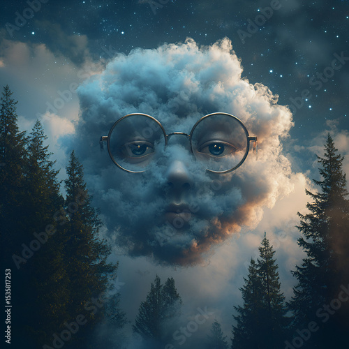 Surreal Cloud Face with Glasses
