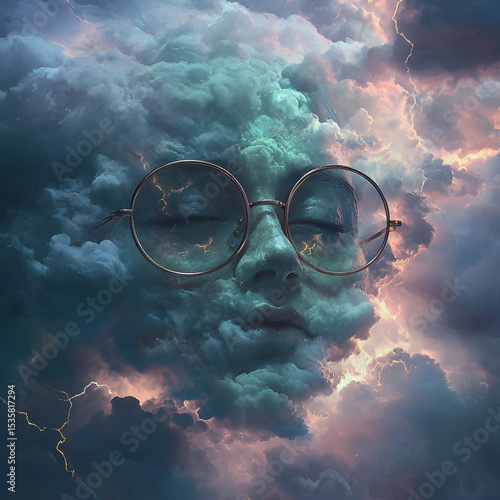 Surreal Cloud Face with Glasses
