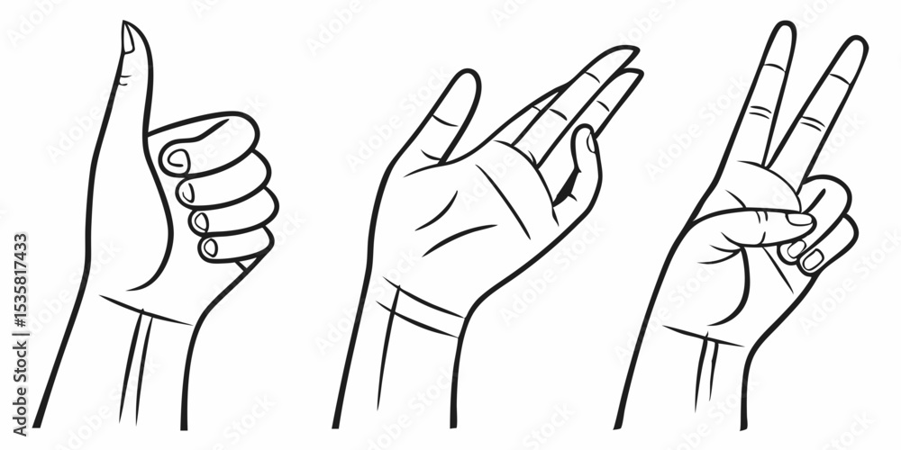 Fototapeta premium Outlined hand gestures in black and white featuring thumbs up open palm and peace sign symbols isolated for versatility