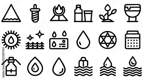 Vector illustration of various water related icons representing concepts like nature purification and environment in a minimalist style.