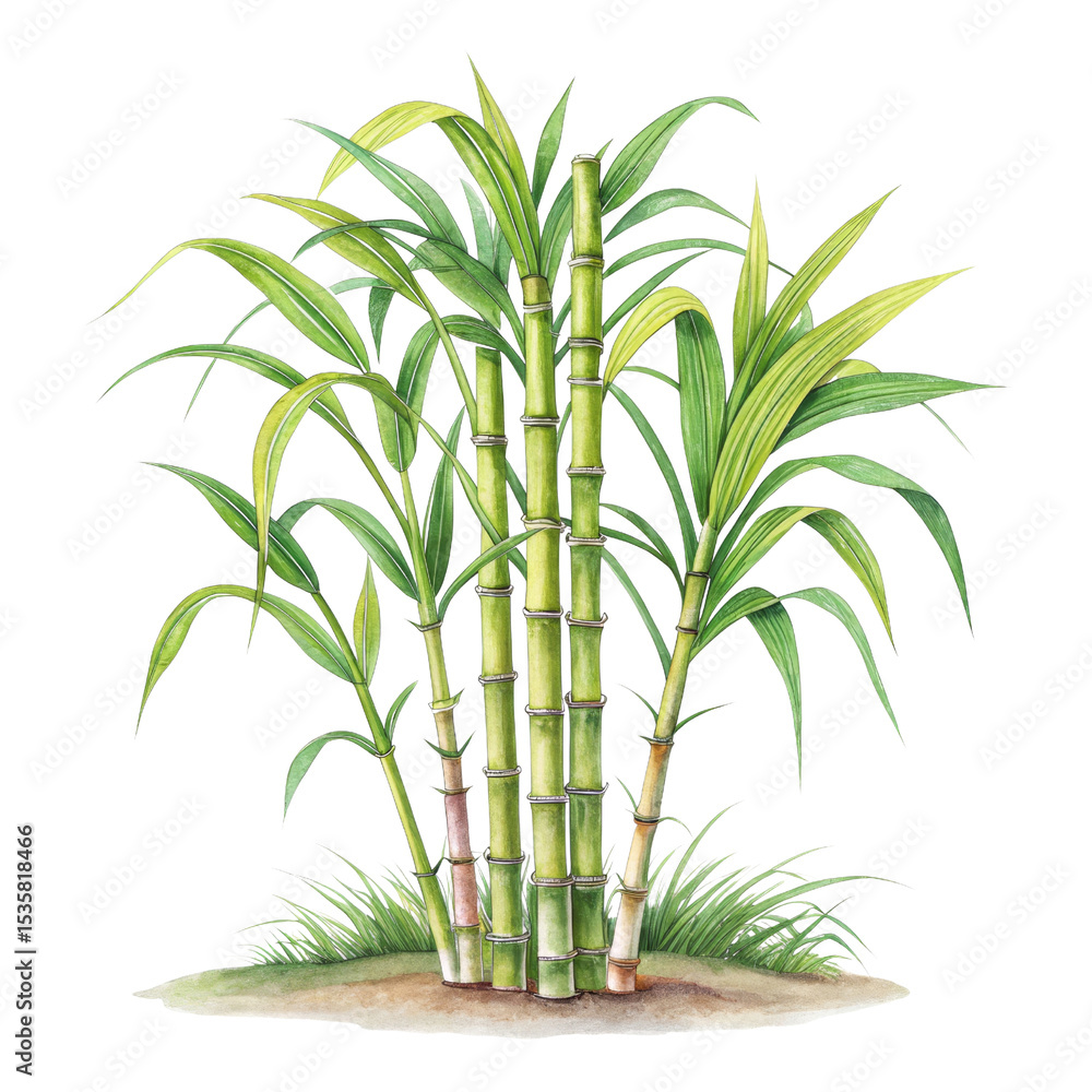 Obraz premium Watercolor Sugarcane Illustration, Isolated on Transparent Background, Botanical Art, Green Plants, Sugarcane, Botanical Illustration, Watercolor painting