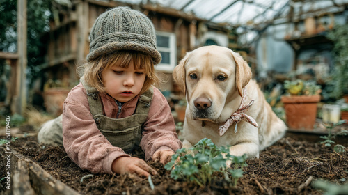 Young child planting seeds in garden with dog nearby  