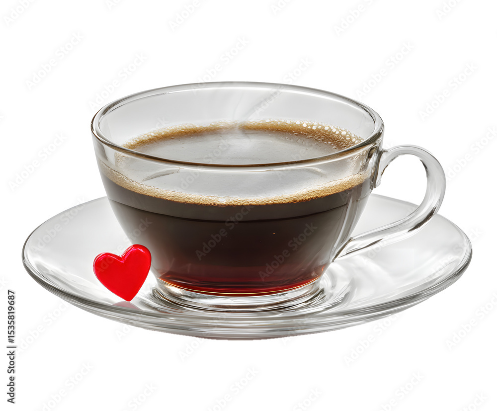 Naklejka premium Aromatic Coffee in a Glass Cup with a Red Heart, transparent background