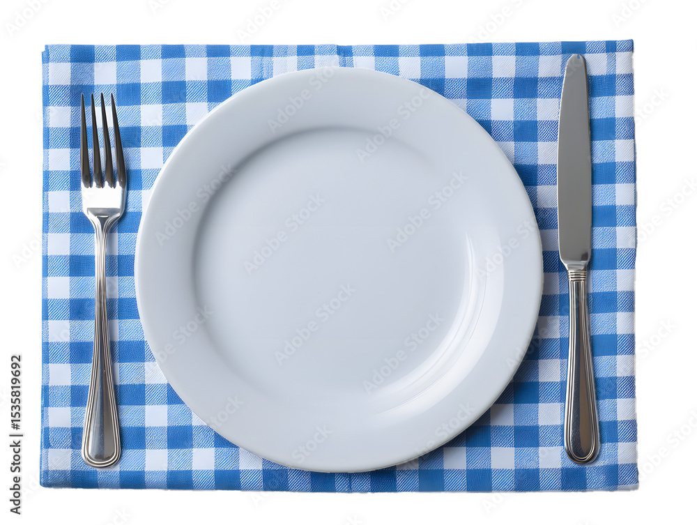 Elegant White Plate with Cutlery on Blue Gingham Placemat, transparent background Elegant White Plate with Cutlery on Blue Gingham Placemat, transparent background