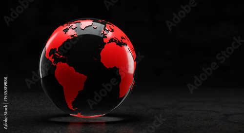 Planet Earth model, 3d, transparent globe with red continents on minimalistic black background, with space for text