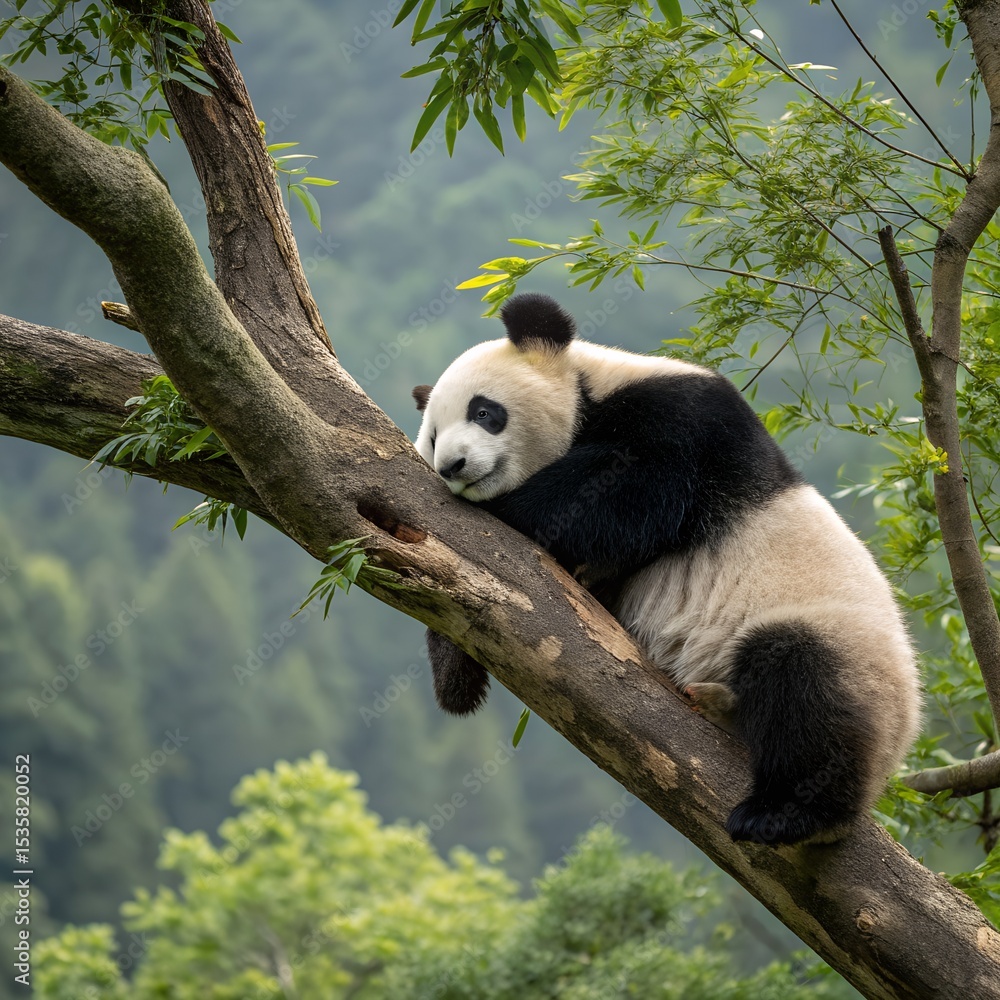 Fototapeta premium Sleeping Panda on Tree Branch