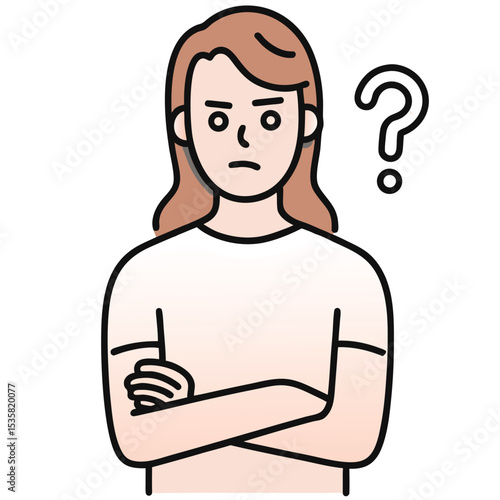 A fairskinned woman with auburn hair is thinking hard with crossed arms
