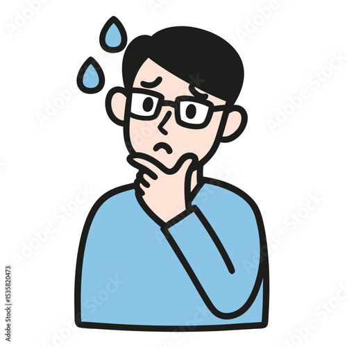 Confused Asian man in glasses thinks hard with sweat drops above his head