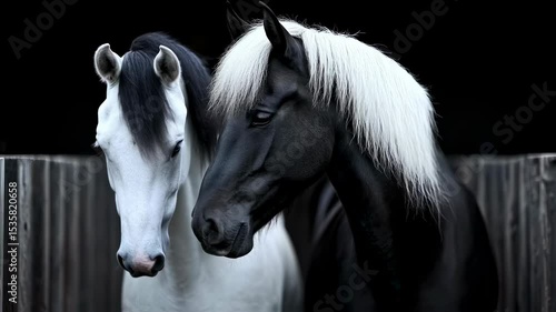 Graceful interaction between two horses with elegant manes in a serene setting