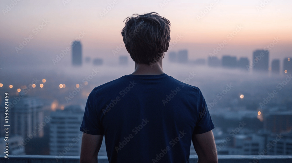 Fototapeta premium At dawn, a 30 year-old European man, dressed in a regular fit navy black sleeve T-shirt stands on a rooftop, observing the city skyline with the wind blowing his shirt and a soft mist in the backgroun