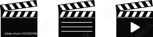 Film clapper board icon set. Open and closed movie clapper vector illustration isolated on transparent background. Movie, cinema, film symbol concept. Filmmaking, video production industry equipment.