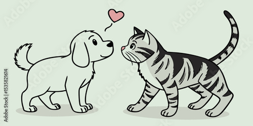 Adorable cartoon illustration featuring a dog and cat with a heart symbol displaying affectionate friendship on white background