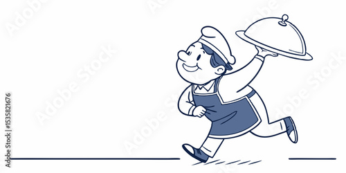 Cartoon chef delivering covered dish with running motion and a smiling expression on a white background