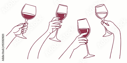 Hand drawn line art illustrations of wine glasses being held ideal for wine tasting events and celebrations
