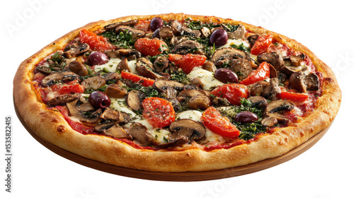 delicious vegetarian pizza with champignon and mushrooms on white background
