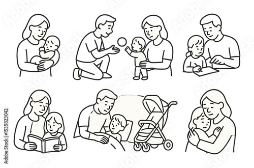 Parenting moments in linear style: holding baby, playing with child, feeding baby, teaching child, reading book, bedtime routine, stroller walk, comforting hug.