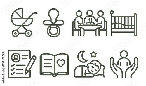 Family & parenting in linear style: stroller icon, baby pacifier, family dinner, newborn crib, parent checklist, parenting book, bedtime icon, caring hands.