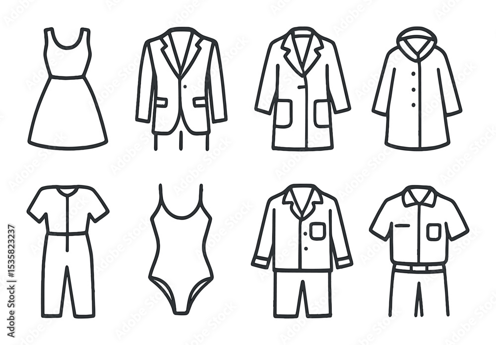 Clothing icons linear style: dress, suit, coat, raincoat, jumpsuit, swimwear, pajamas, uniform. Clothing icons linear style: dress, suit, coat, raincoat, jumpsuit, swimwear, pajamas, uniform.