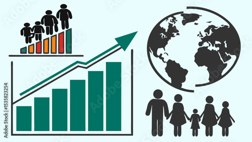 Vector world population day global population growth statistics and demographic trends showing increasing world population analysis data