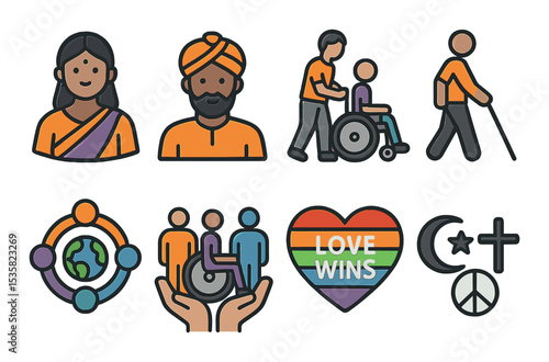 Diversity and inclusion, linear style: woman in sari, man in turban, caregiver support, blind walking stick, cultural unity icon, inclusive icon set, love wins heart, faith coexist symbol.