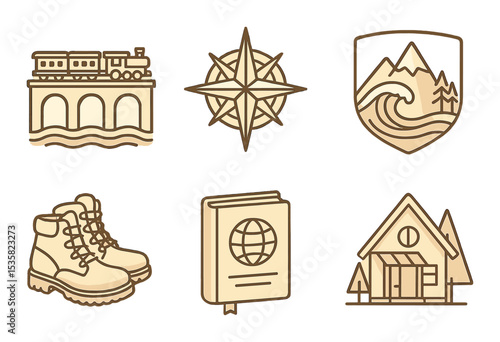 Travel and nature, linear style: train on bridge, compass rose, ocean wave, ice peak, hiking badge, travel shoes, travel guidebook, eco-lodge.