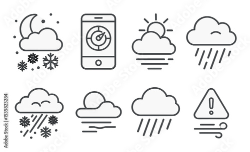 Weather & climate in linear style: snowy night, storm tracker, warm day icon, blizzard icon, sun behind fog, rainfall intensity, flood warning, wind alert.