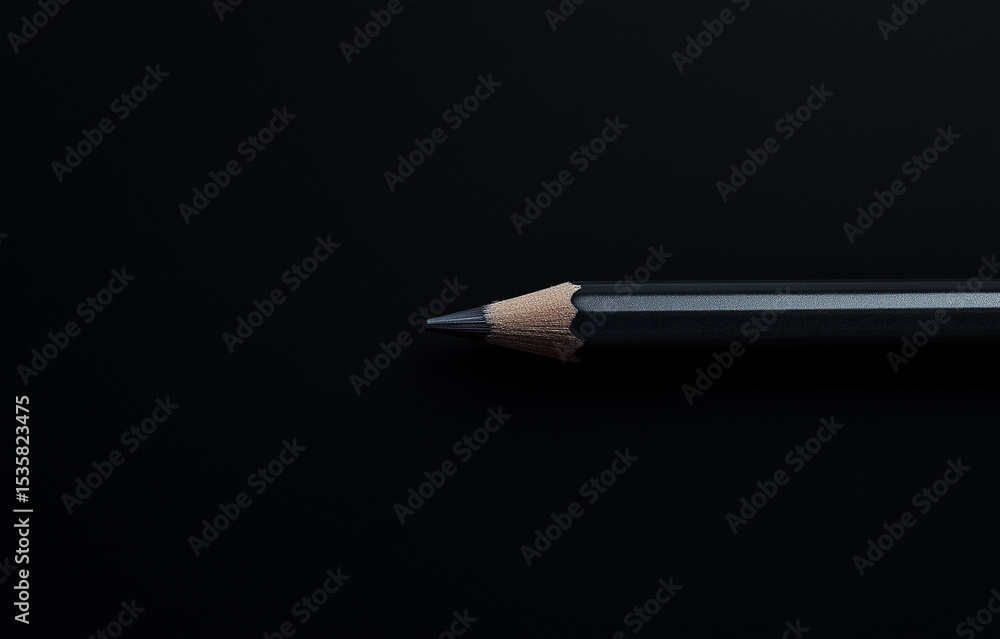 Fototapeta premium close-up, top-view image of a black pencil placed on a black background. The fine details and textures of the pencil are captured with stunning clarity, showcasing its sleek design and sharp point. Th