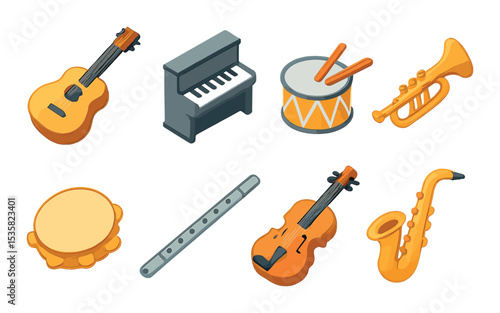 Musical instruments in modern flat vector : guitar, piano, drum, trumpet, violin, saxophone, tambourine, flute.