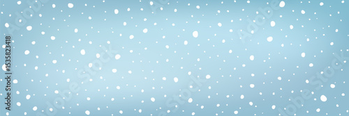 Minimal winter background with snow flakes on light blue. Irregular white snow dots in flat vector style. Great for banners, holiday flyer, greeting card, wrapping, winter ads, poster, website design